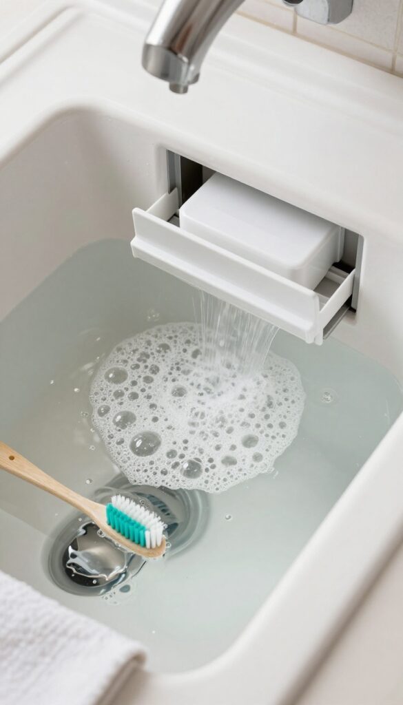 Removed washing machine dispenser drawer soaking in hot water and vinegar in a sink, with cleaning tools nearby.