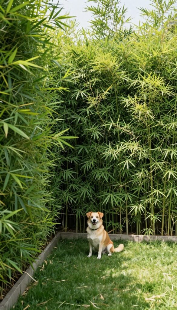 A dog sitting in a backyard dog run enclosed by a thick green living fence of hedges or bamboo, with sunlight filtering through the leaves.