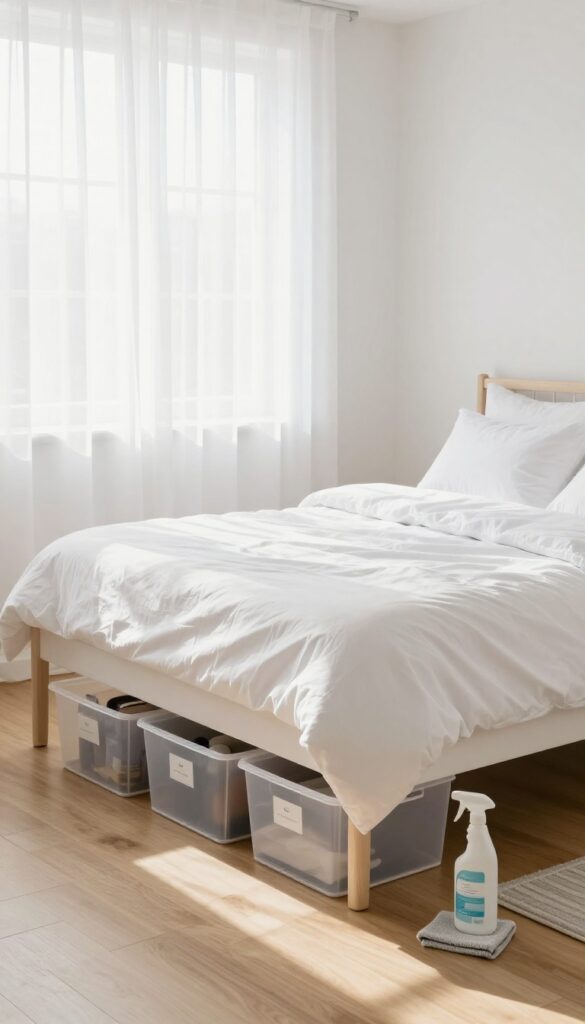 Bright bedroom with organized under-bed storage and clean curtains
