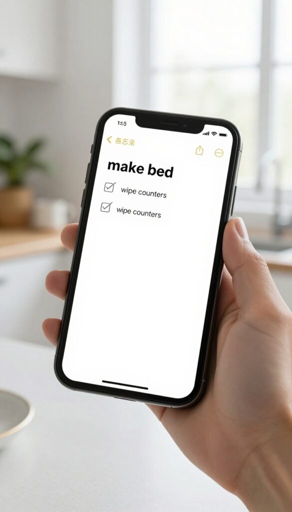 Smartphone displaying a minimalist cleaning tracker app on a bright kitchen countertop
