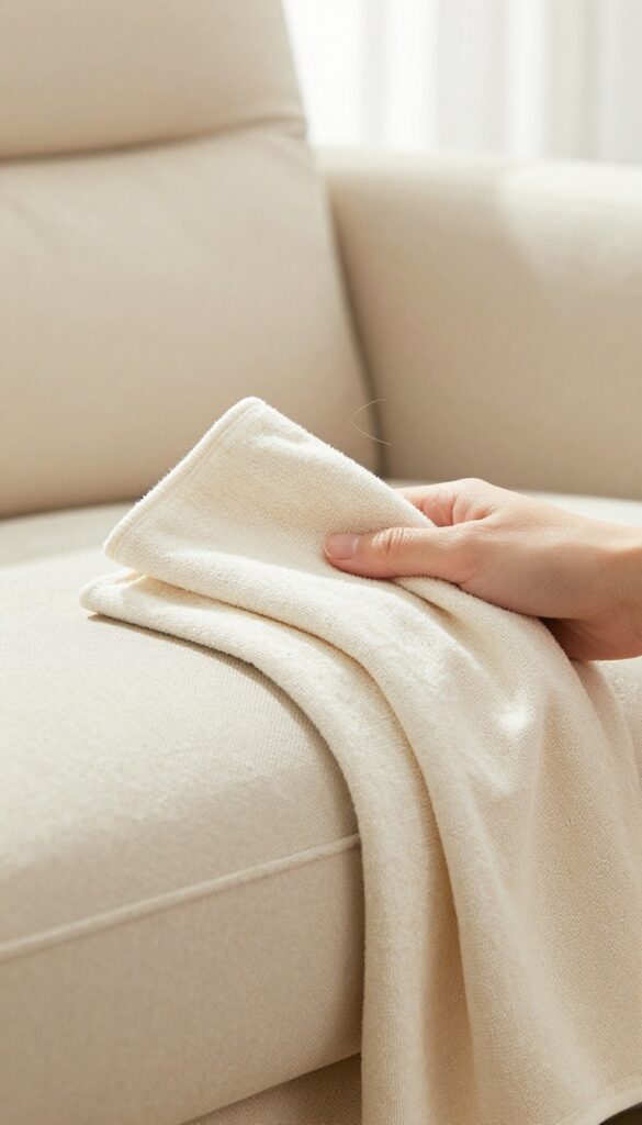 Cleaning a beige fabric couch with a dry microfiber cloth to remove dust and pet hair
