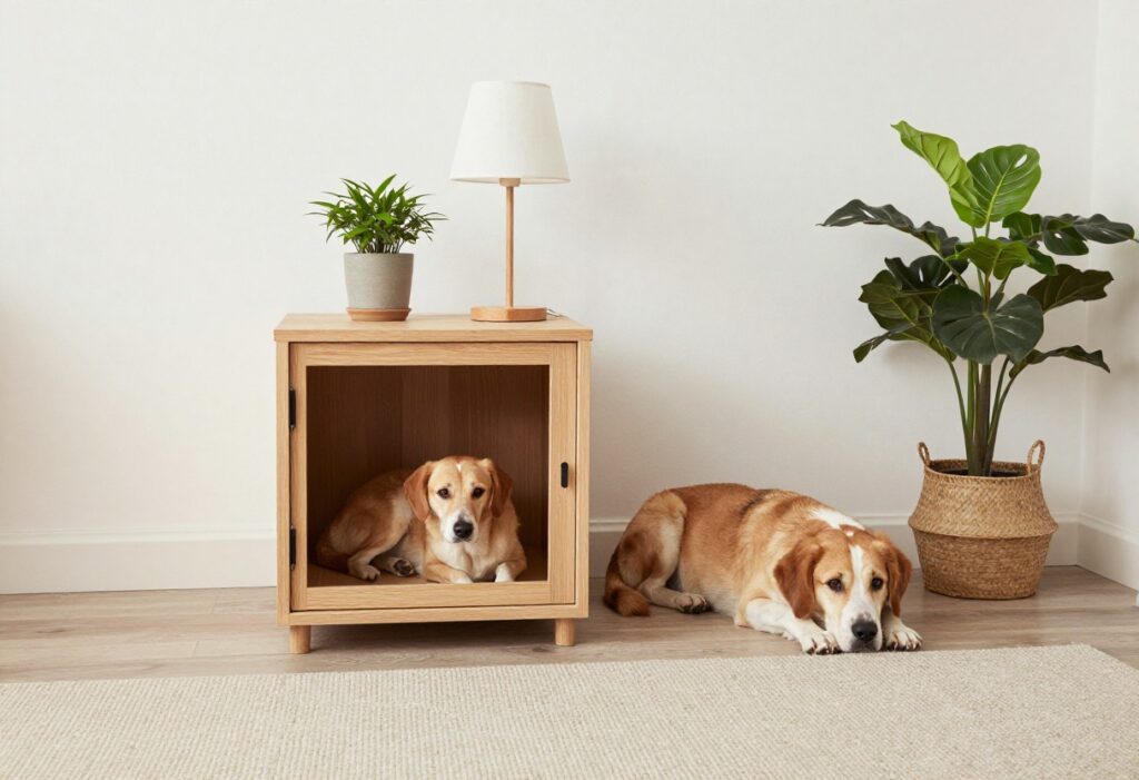 Dog crate styled as a side table in a cozy living room