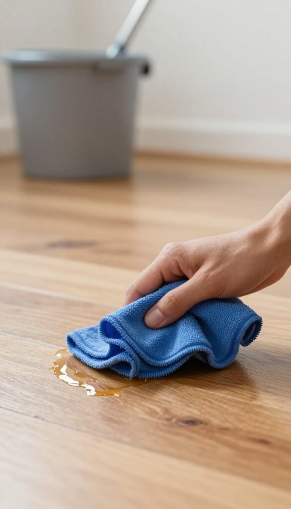 Hand wiping a sticky spot on hardwood floor with a blue microfiber cloth