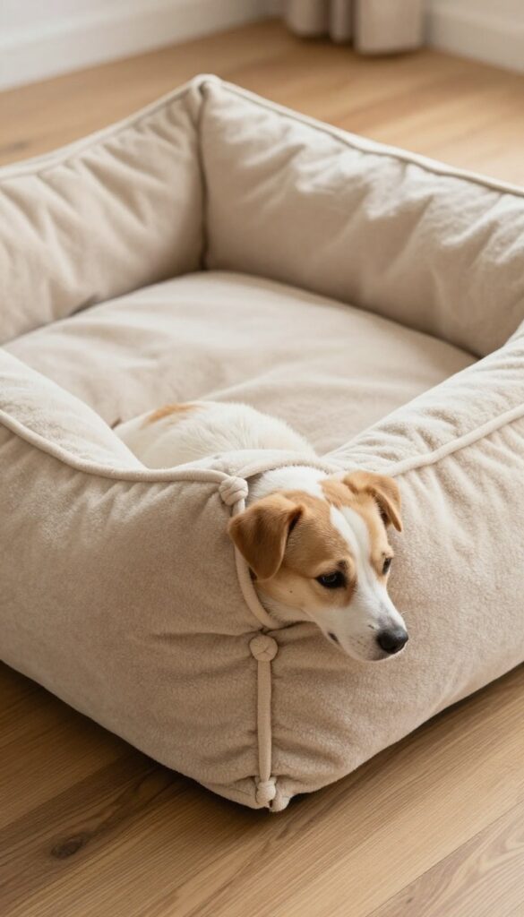 No-sew fleece knot dog bed with a dog resting on it