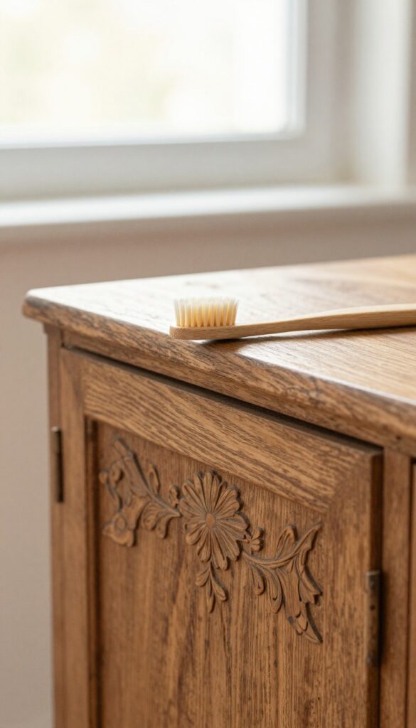Soft toothbrush cleaning intricate wood carvings on vintage furniture