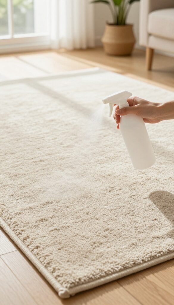 A hand spraying a fine mist of white vinegar solution onto a beige rug in a sunlit living room, highlighting rug freshness and natural cleaning.