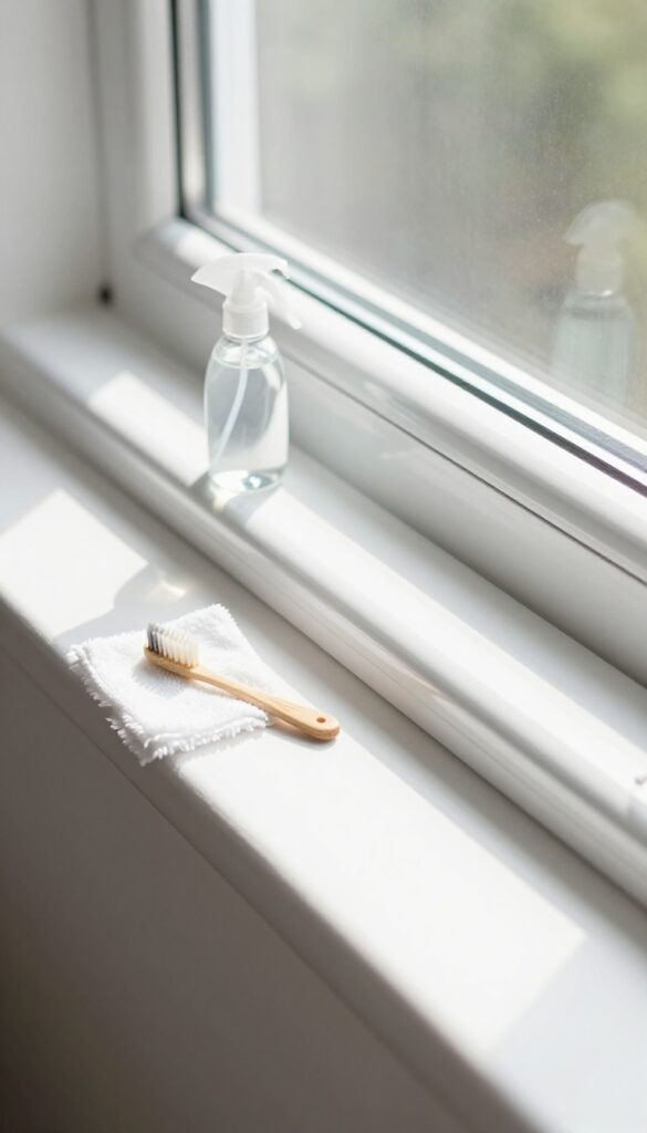 Clean window track with vinegar spray bottle, microfiber cloth, and toothbrush on a sunny windowsill
