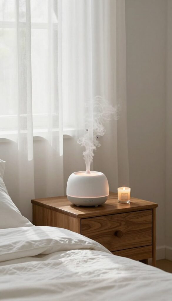 Calming bedroom with lavender diffuser and candle on nightstand