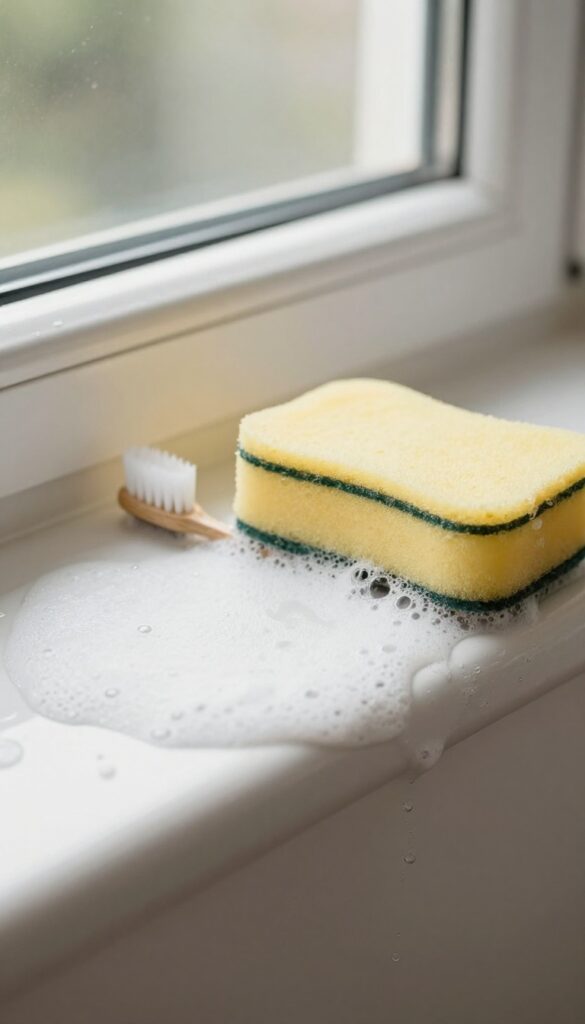 Dish soap and warm water soak cleaning window tracks