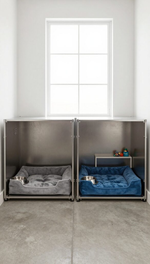 Multi-dog basement kennel with individual suites, each with bed and water bowl, separated by metal divider