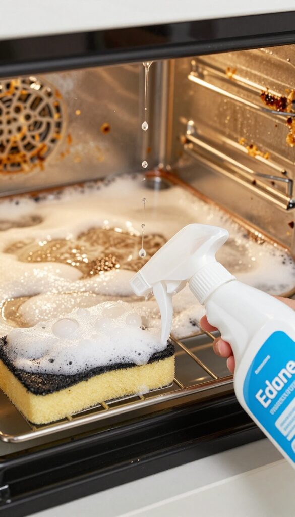 Close-up of oven interior with commercial cleaner spray bottle and foam on baked-on grease, bright natural light
