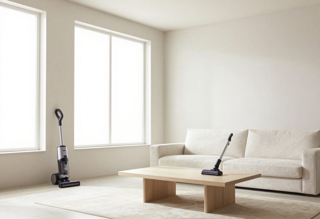 Clean living room with sunlight and vacuum cleaner