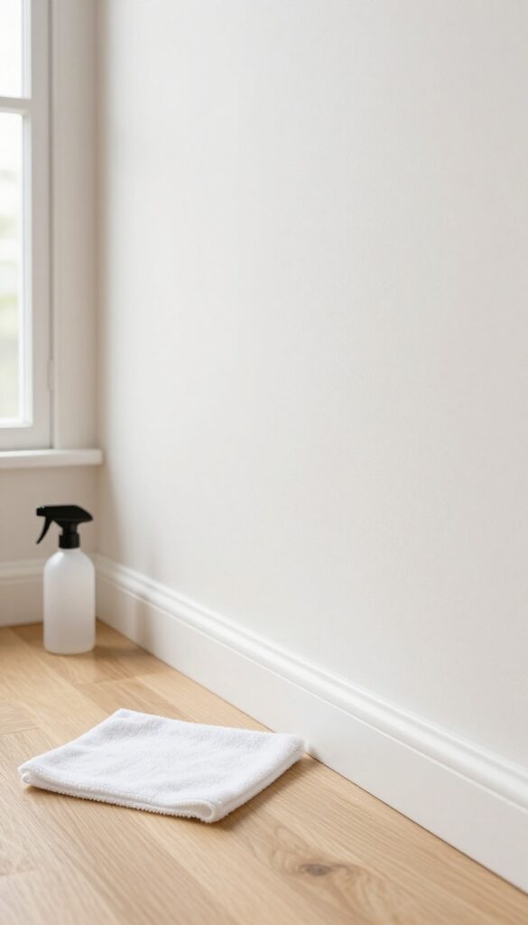 Clean white baseboard with microfiber cloth and spray bottle on hardwood floor, bright natural light