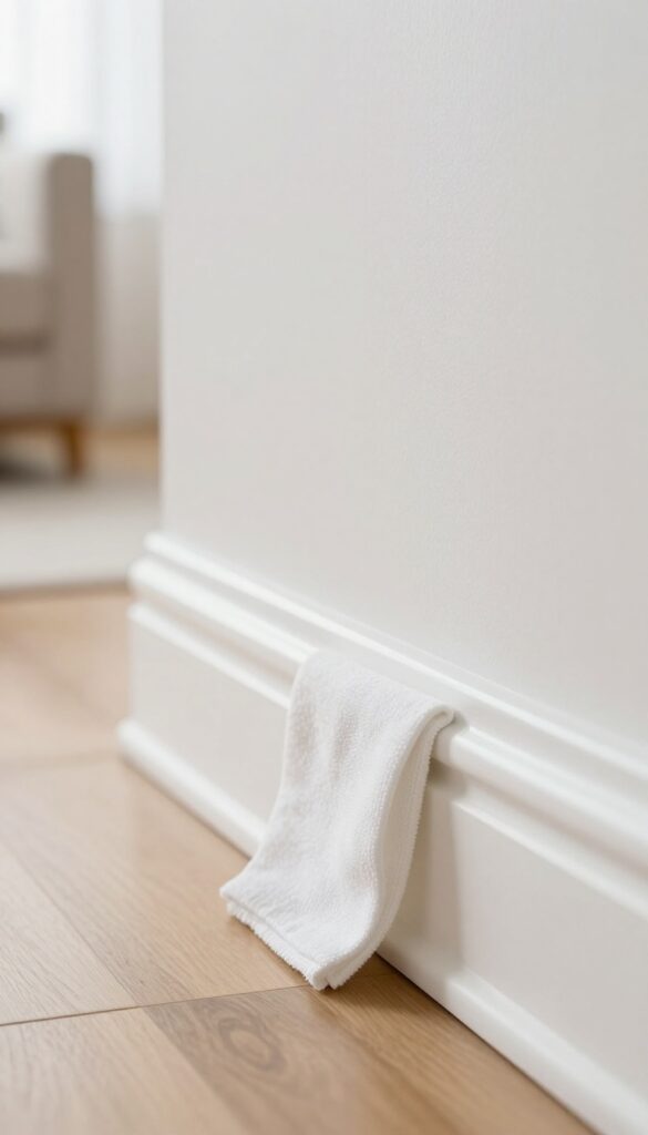 A close-up of a hand wiping a clean white baseboard with a microfiber cloth in a bright, airy room.