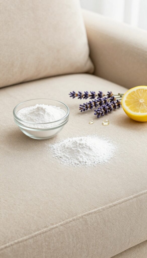 Baking soda and essential oil mixture on upholstered sofa for freshening