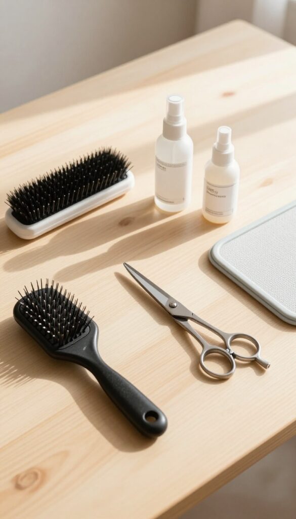 High-quality dog grooming tools arranged on a wooden table in natural light
