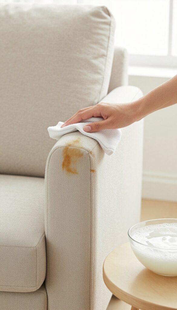 Hand dabbing a grease stain on an upholstered chair with a microfiber cloth and dish soap solution
