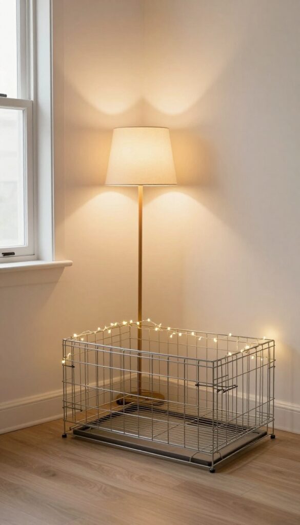 Cozy dog crate with warm lamp and fairy lights in a bright living room