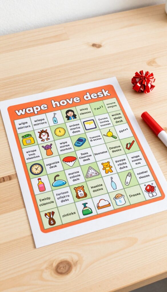 Bingo card for cleaning with markers and candy reward on a wooden table