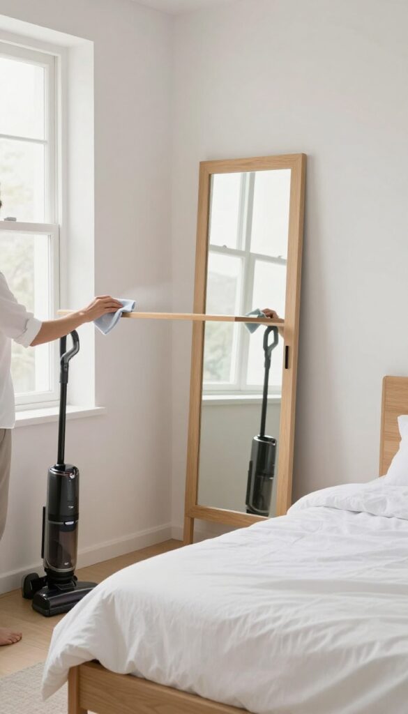 Person dusting a shelf in a clean, sunlit bedroom with a vacuum cleaner nearby