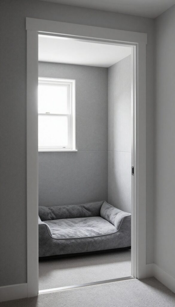Soundproofed basement dog kennel with acoustic panels and solid door