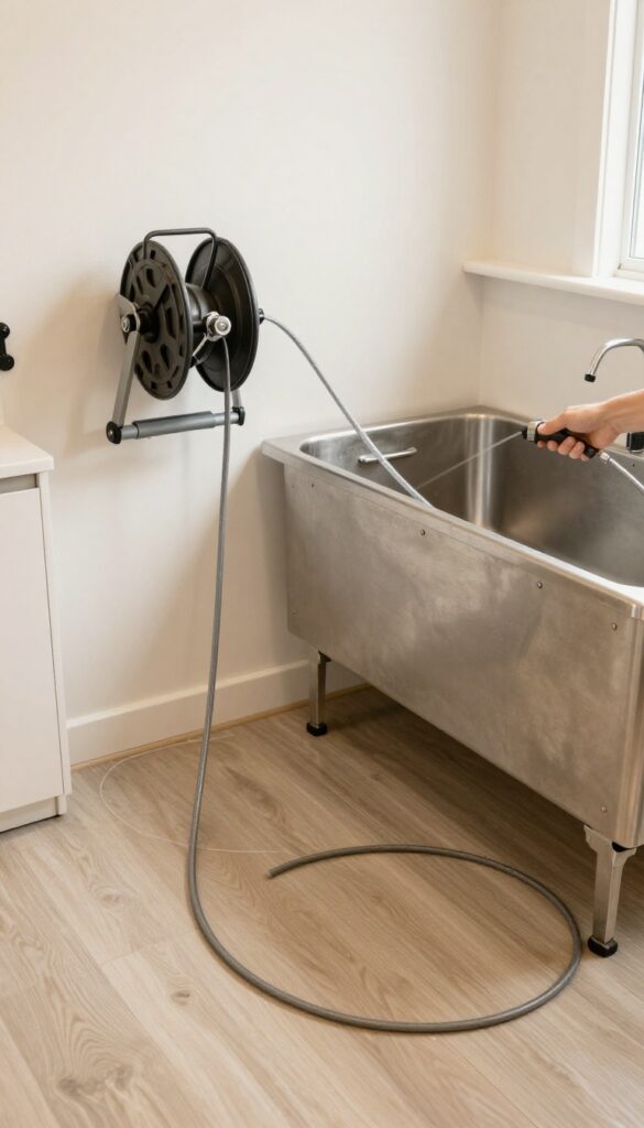 Retractable hose reel mounted on wall in dog grooming trailer, hose extended, groomer's hand pulling it, clean floor, bright natural light