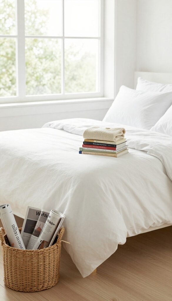 A tidy bedroom with a bed, a small stack of books, and a basket of magazines, illustrating decluttering by category.