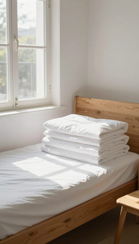 A bare mattress airing out in a sunlit bedroom with fresh bedding folded nearby