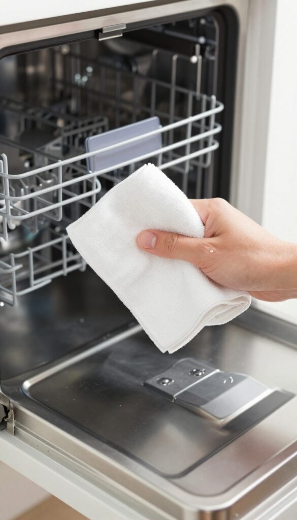 Person wiping interior of dishwasher with microfiber cloth