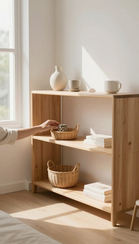 A person decluttering a shelf by placing items into a basket in a bright, tidy living room.