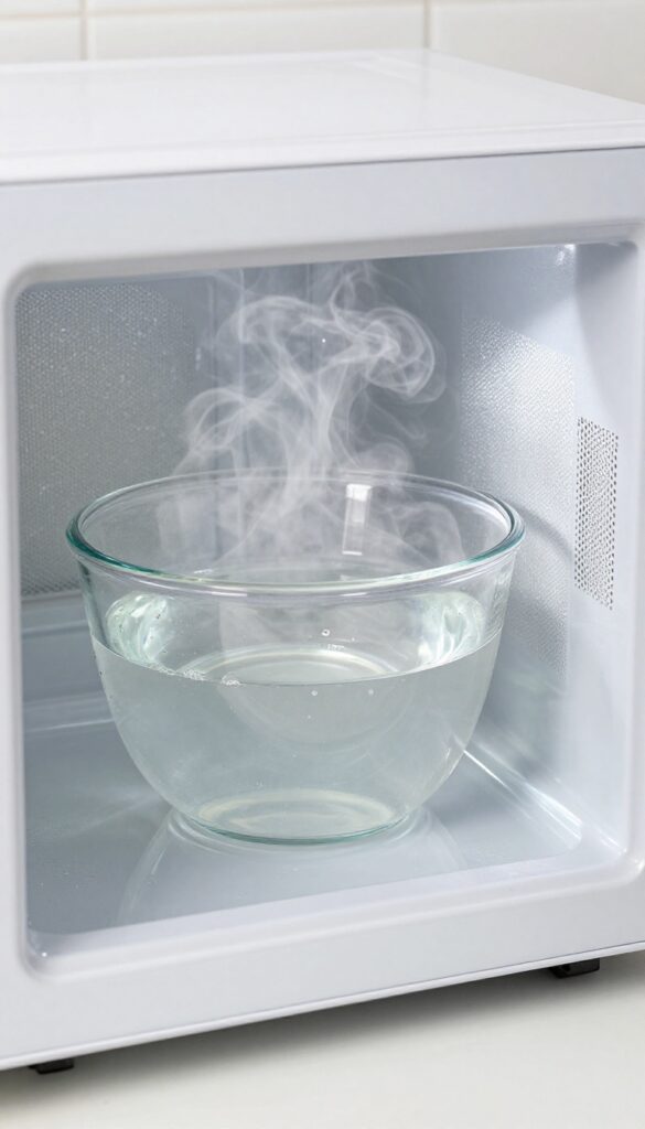 Steam rising from a bowl of vinegar and water inside a clean microwave
