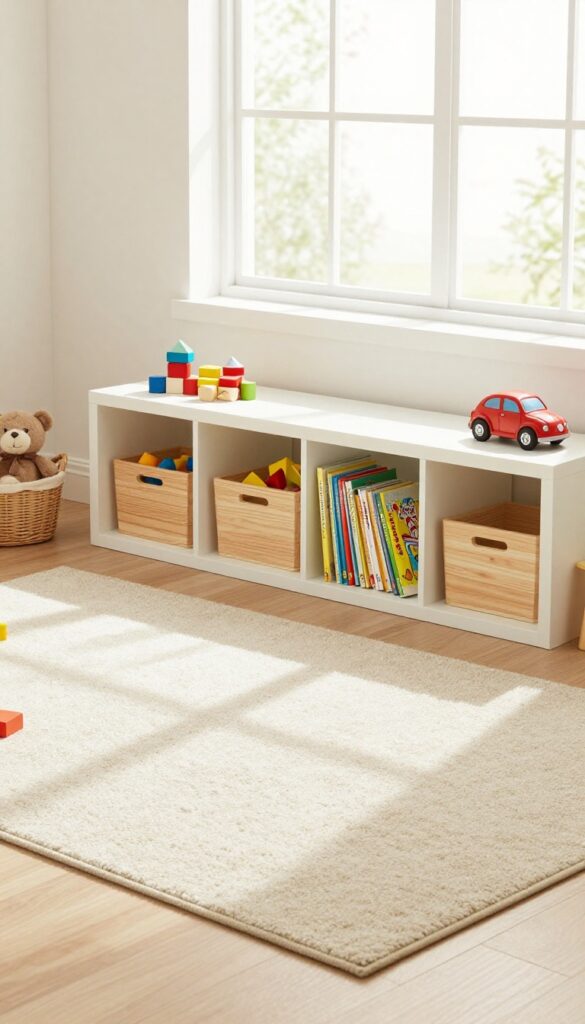 Organized kids' playroom with toy bins and books sorted neatly on shelves