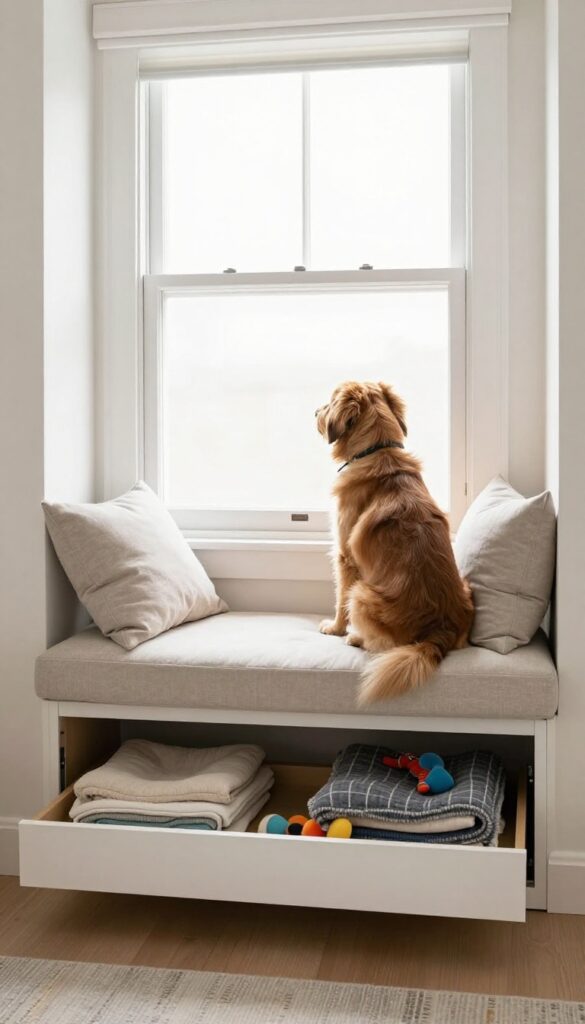 Cozy window seat dog bed with storage drawers, dog relaxing on cushion, natural light, clean decor