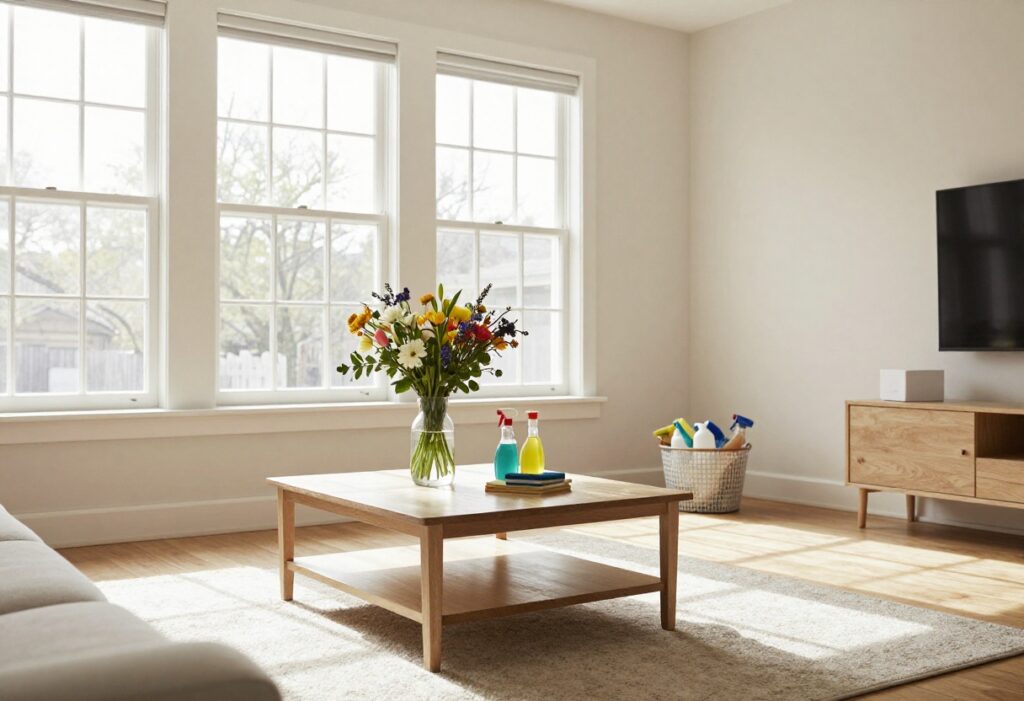 A clean and organized living room with sunlight, fresh flowers, and a basket of cleaning supplies, representing a stress-free home.