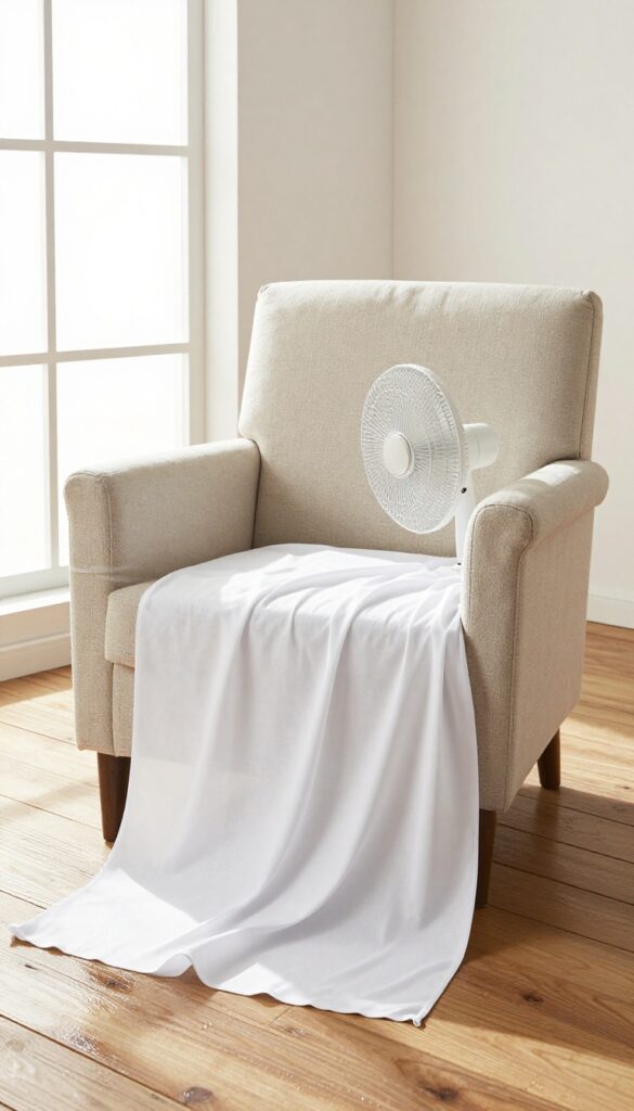 A chair drying outdoors with a fan and sunlight to prevent mold