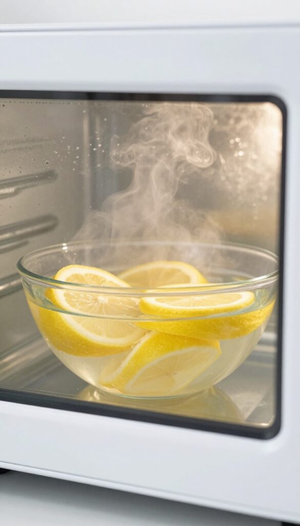 Steam cleaning a microwave with lemon slices in a bowl of water