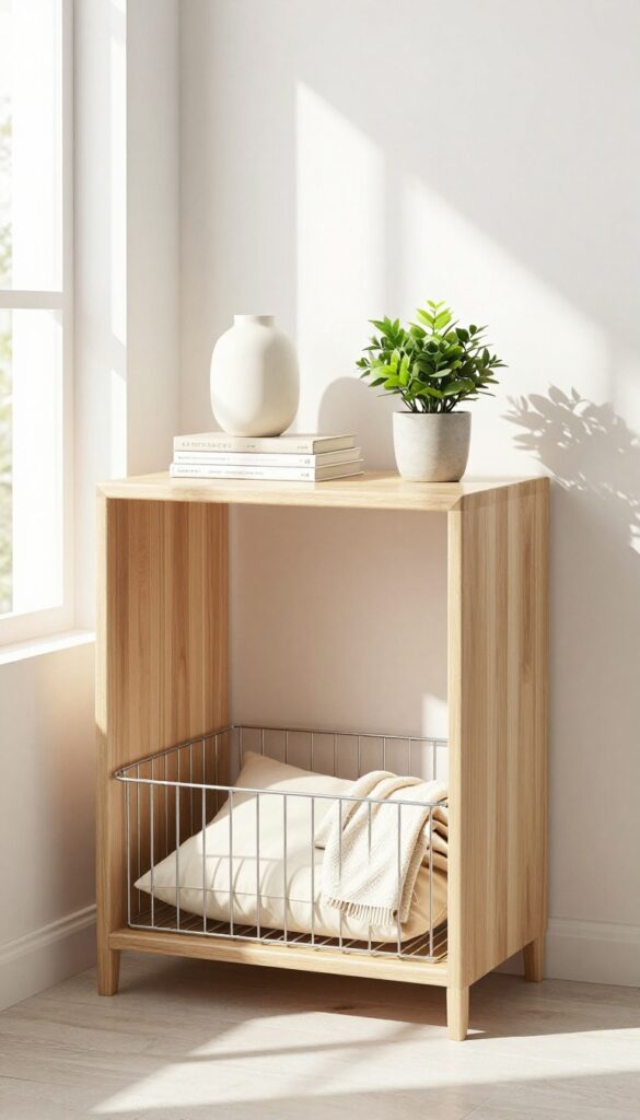 Console table with dog crate hidden underneath, styled with lamp and books on top