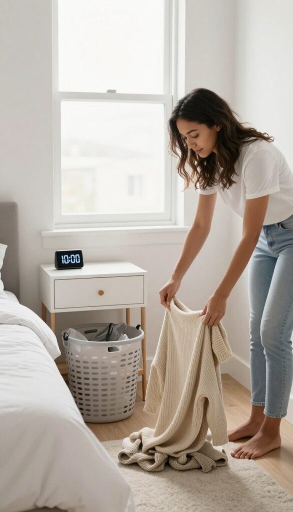 A person racing against a timer to clean a bedroom, tossing clothes into a laundry basket in bright natural light.