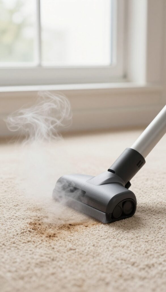 Steam cleaner removing a set-in stain from a beige carpet