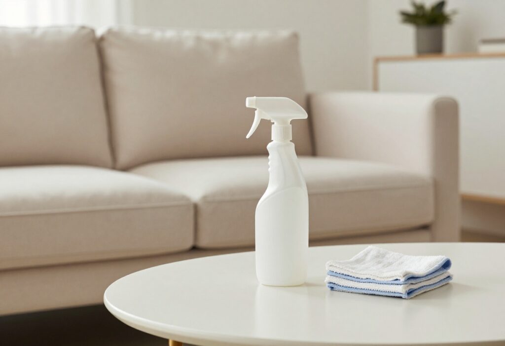 Clean upholstered sofa and chair in a bright living room with cleaning supplies on the table.
