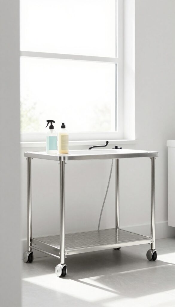 Fold-down shelf mounted near grooming tub with shampoo and conditioner bottles