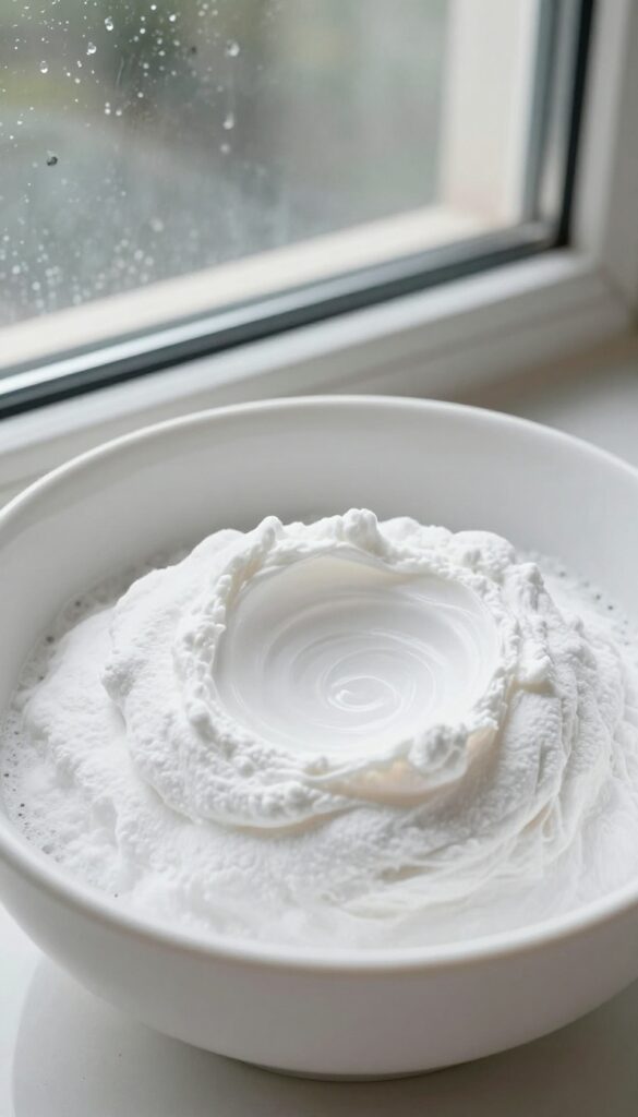 Baking soda paste in a bowl with a sponge, ready to clean shower glass door with water spots
