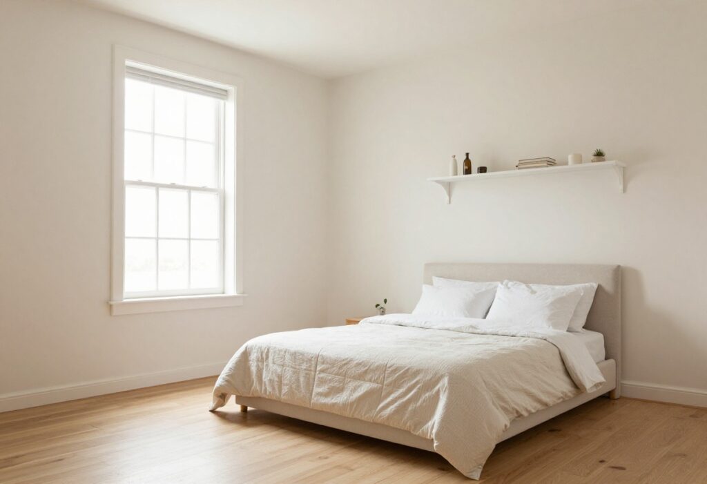 A clean and organized bedroom with a made bed and tidy surfaces, representing a clutter-free room makeover.