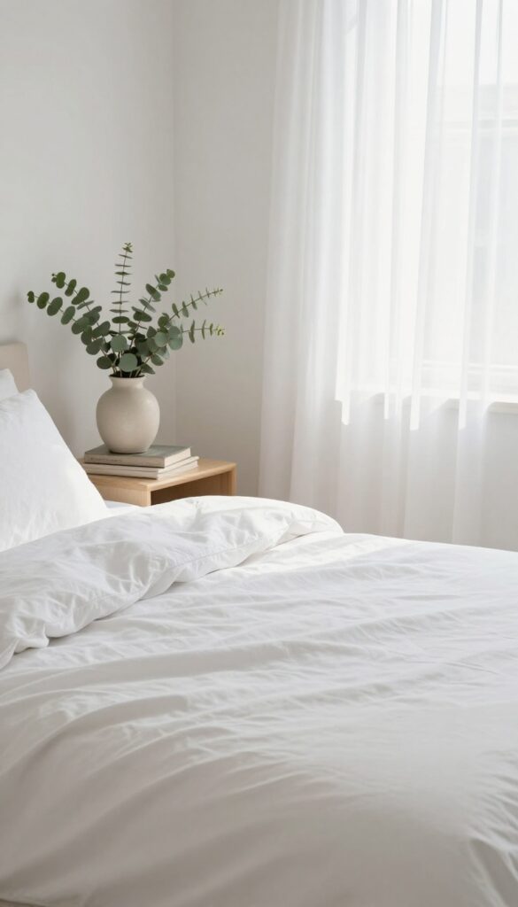 A clean, food-free bedroom with natural light, neatly made bed, and eucalyptus on nightstand