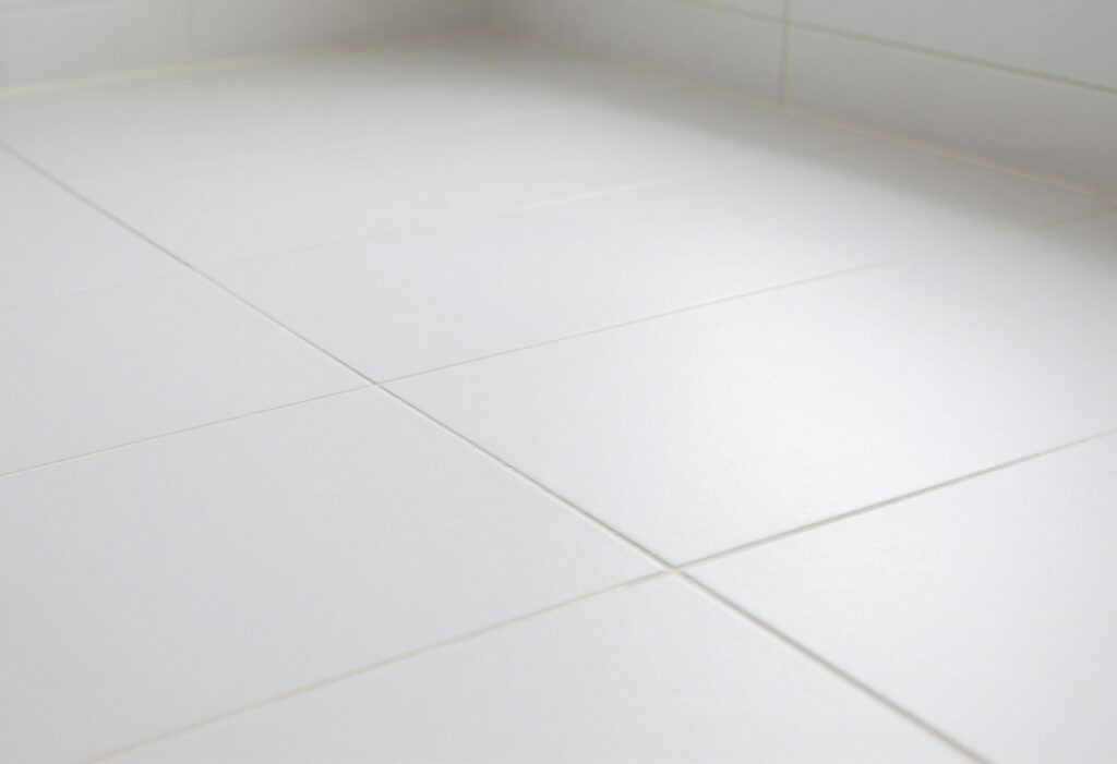 Clean bright white tile grout lines on a bathroom floor
