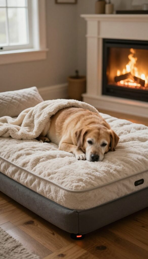 Cozy crib mattress dog bed with heated insert, senior dog resting warmly, fireplace in background.