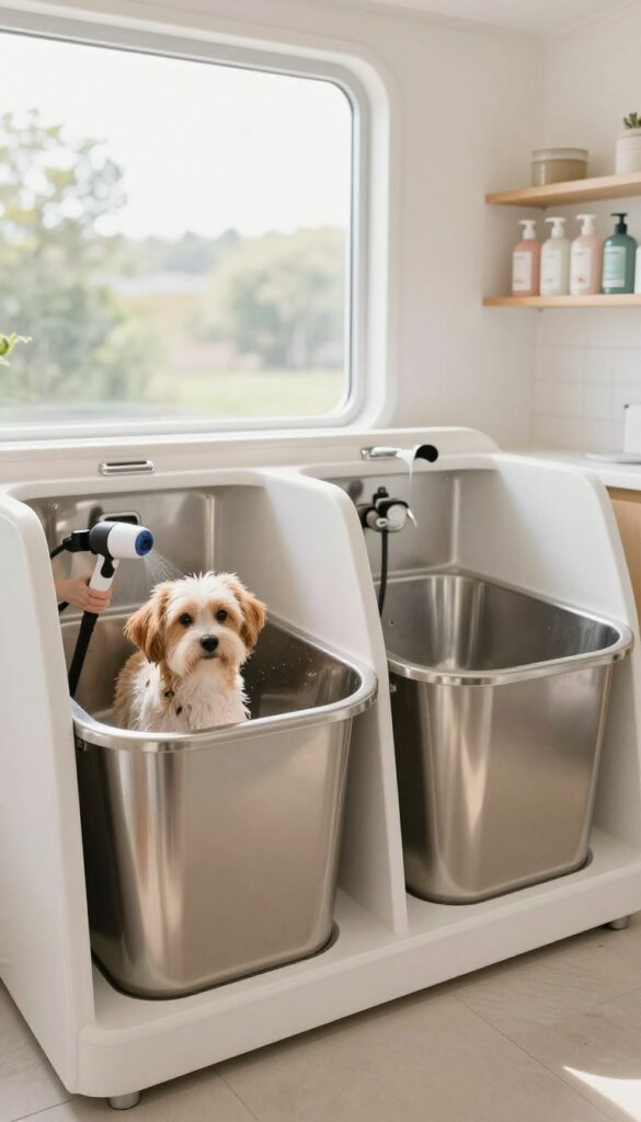 Two wash tubs in a dog grooming trailer for efficient workflow