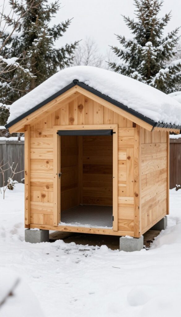 Insulated winter dog kennel in snowy backyard with rubber flap door and elevated on concrete blocks