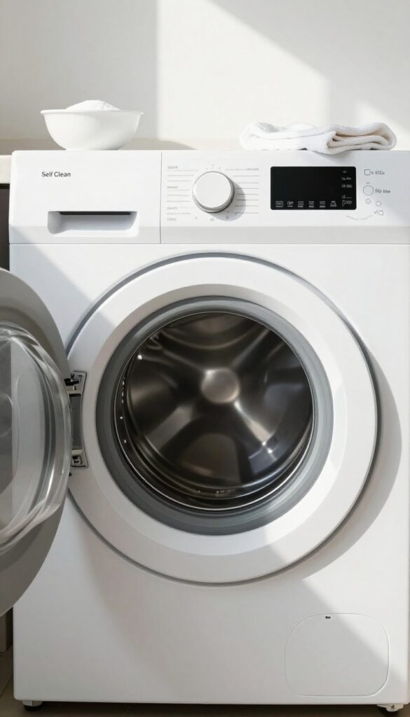 Modern washing machine with open door and self-clean button, bright natural light, clean laundry room setting