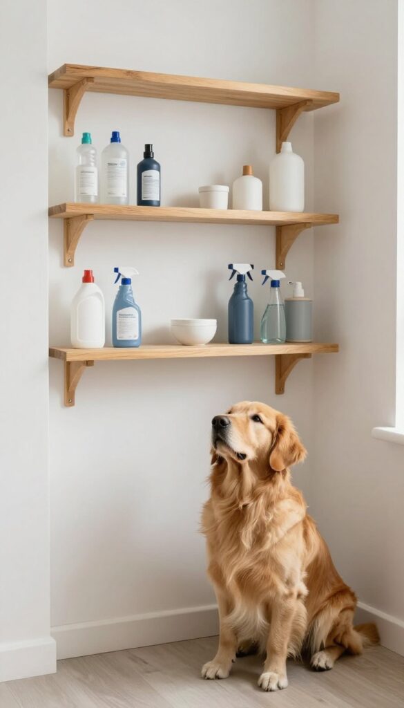 High shelf with cleaning products out of reach of a curious dog in a laundry room